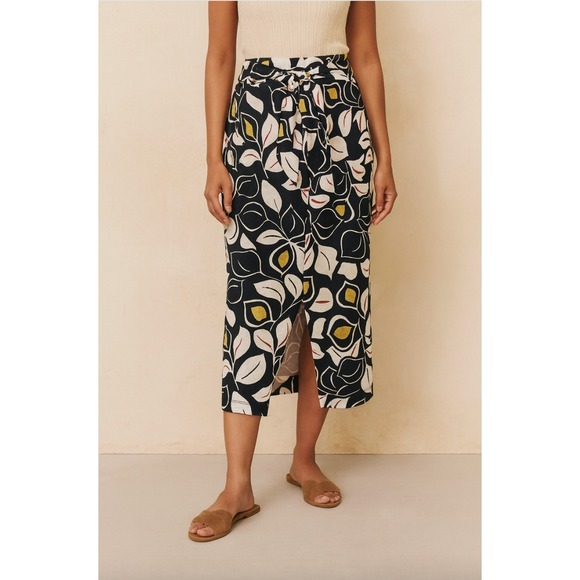 Anthropologie Sheila Skirt Midi Floral Print Tie Waist Black White Yellow - Picture 1 of 7